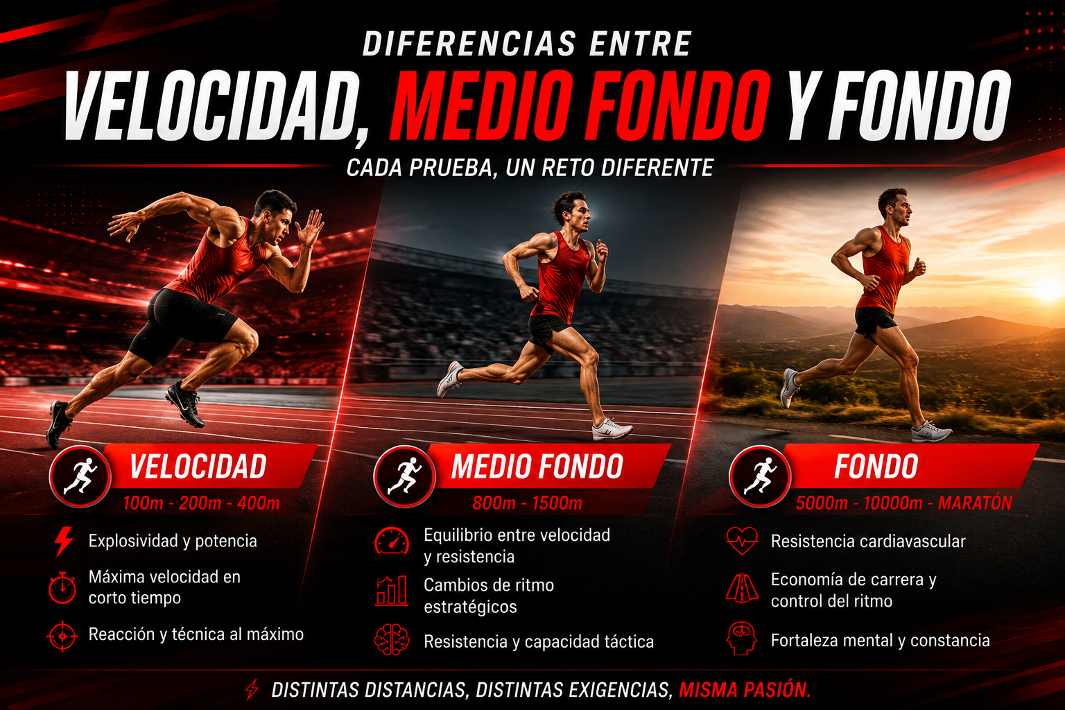 Conoce las diferencias entre velocidad, medio fondo y fondo, sus principales distancias y las capacidades necesarias para competir en atletismo.