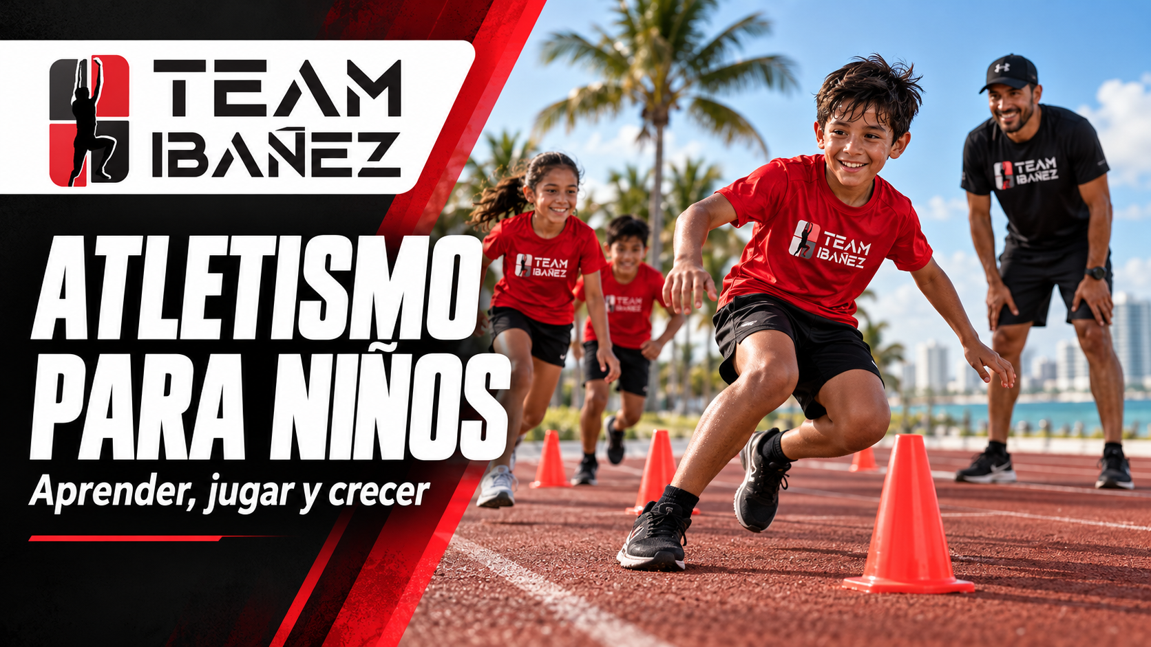 Escena generada de niños practicando atletismo con un entrenador, con el logo de Team Ibáñez