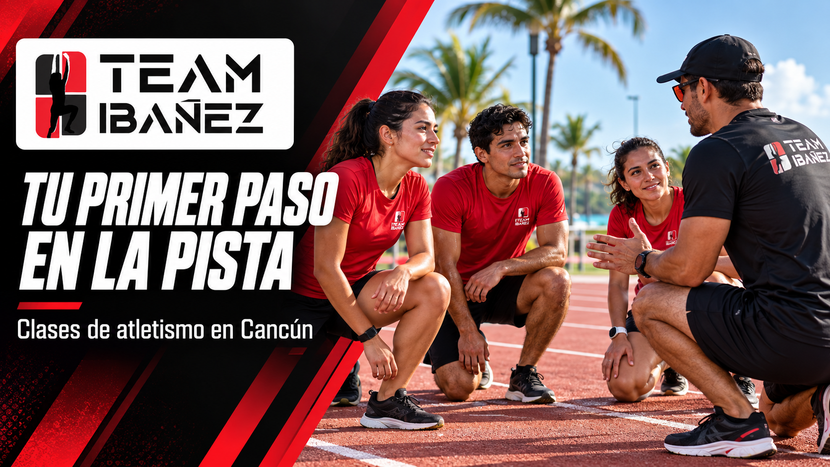 Clases de atletismo en Cancún: escena generada de tres atletas escuchando a su entrenador en la pista, con el logo de Team Ibáñez